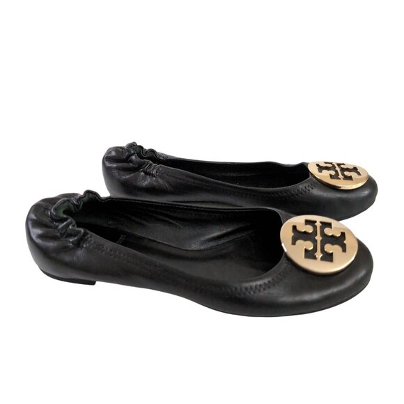 Tory Burch Reva Ballet Flats Shoe Womens 6 Black Slip On Metal Logo Travel Prepp - Picture 3 of 14